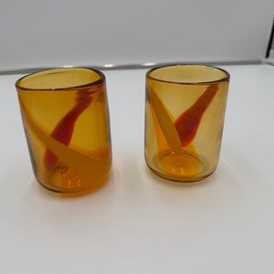 Vintage Pier 1 Amber Red Hand Blown Old-Fashioned Glasses Set Of 2